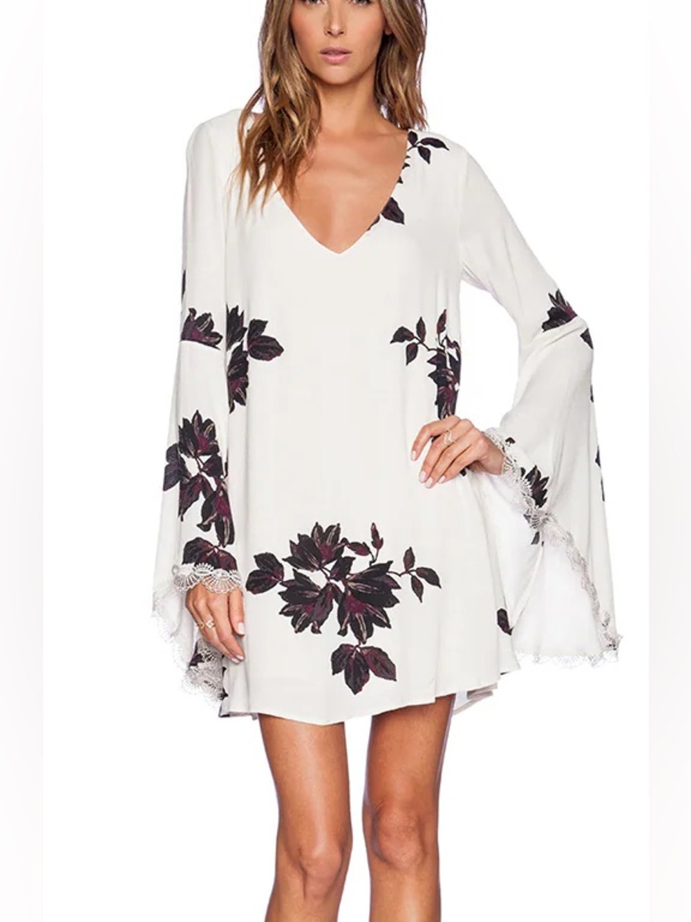 Free People Cream Floral V-Neck Bell Sleeve Tunic